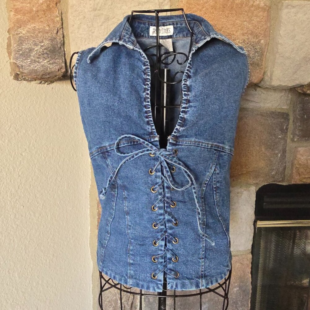 Vintage Denim Cowboy Collared Vest Top - Picture 2 of 9